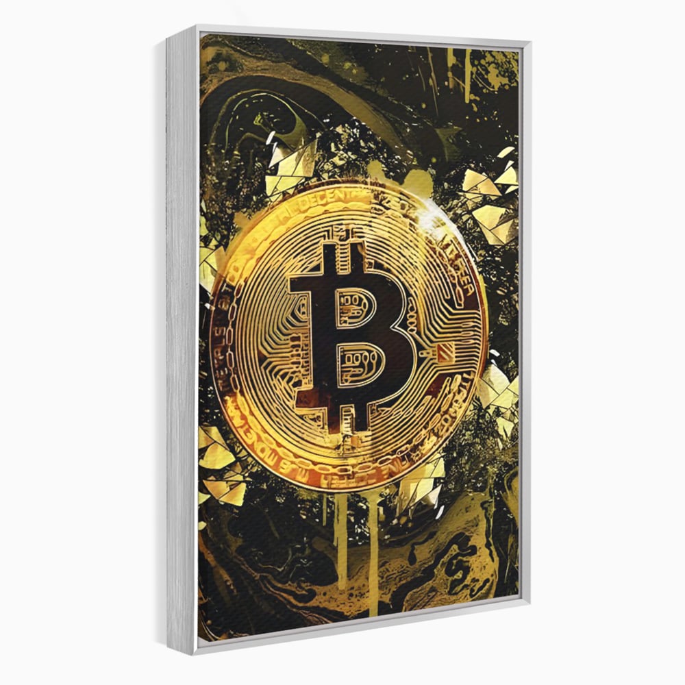 Tablou canvas cu tablou digital cu moneda bitcoin aurie, in rama de aluminiu argintiu